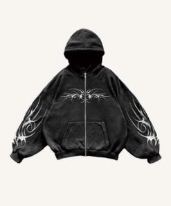 Black Full-Zip Hoodie with White Flame Sleeve Print (HD-09)