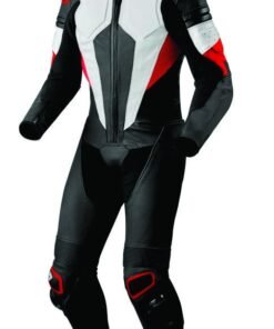Black, White & Red One-Piece Motorbike Racing Leather Suit (MB-04)
