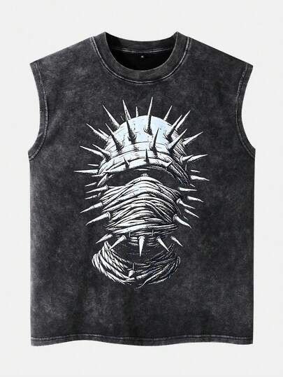 Grey Acid-Wash Sleeveless Vest with White Graphic (TS-09)