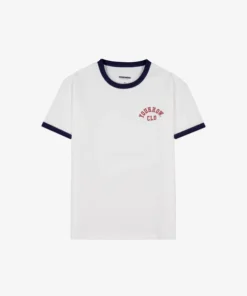 White Ringer Tee with Navy Trim and Chest Print (TS-12)